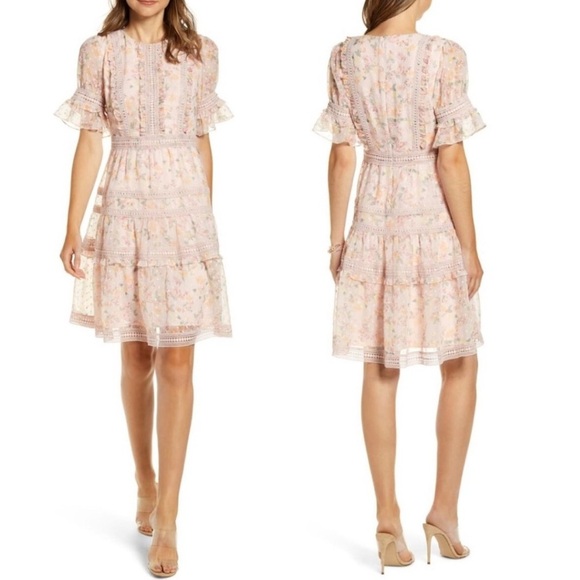 Rachel Parcell Mix Lace Fit Flare Mauve Pink Flutter Sleeve Midi Dress Small - Picture 11 of 11